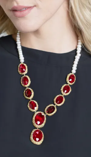 Amira Jeweled Statement Necklace - Red/Pearl