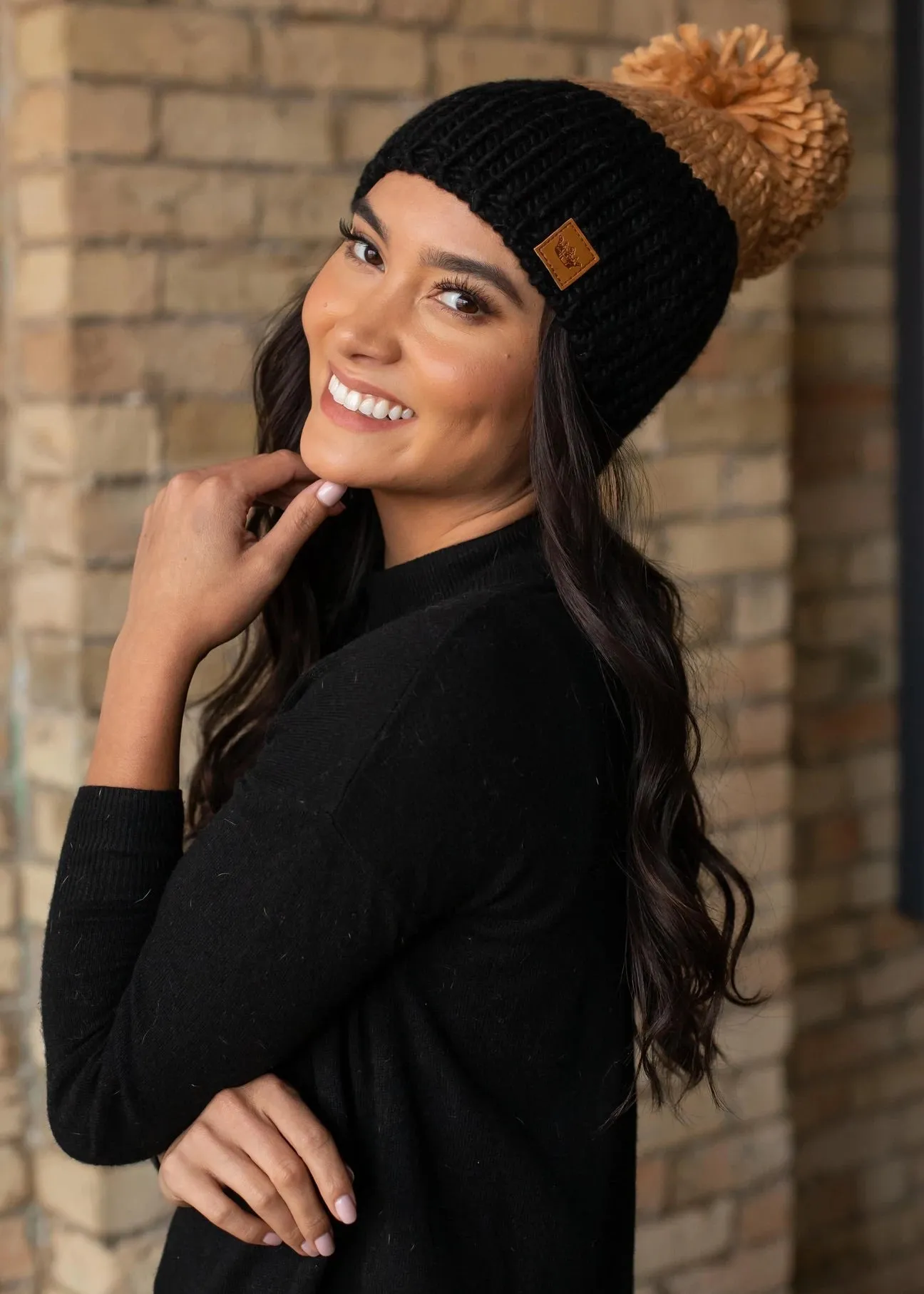 Black & Camel Colorblock Knit Hat