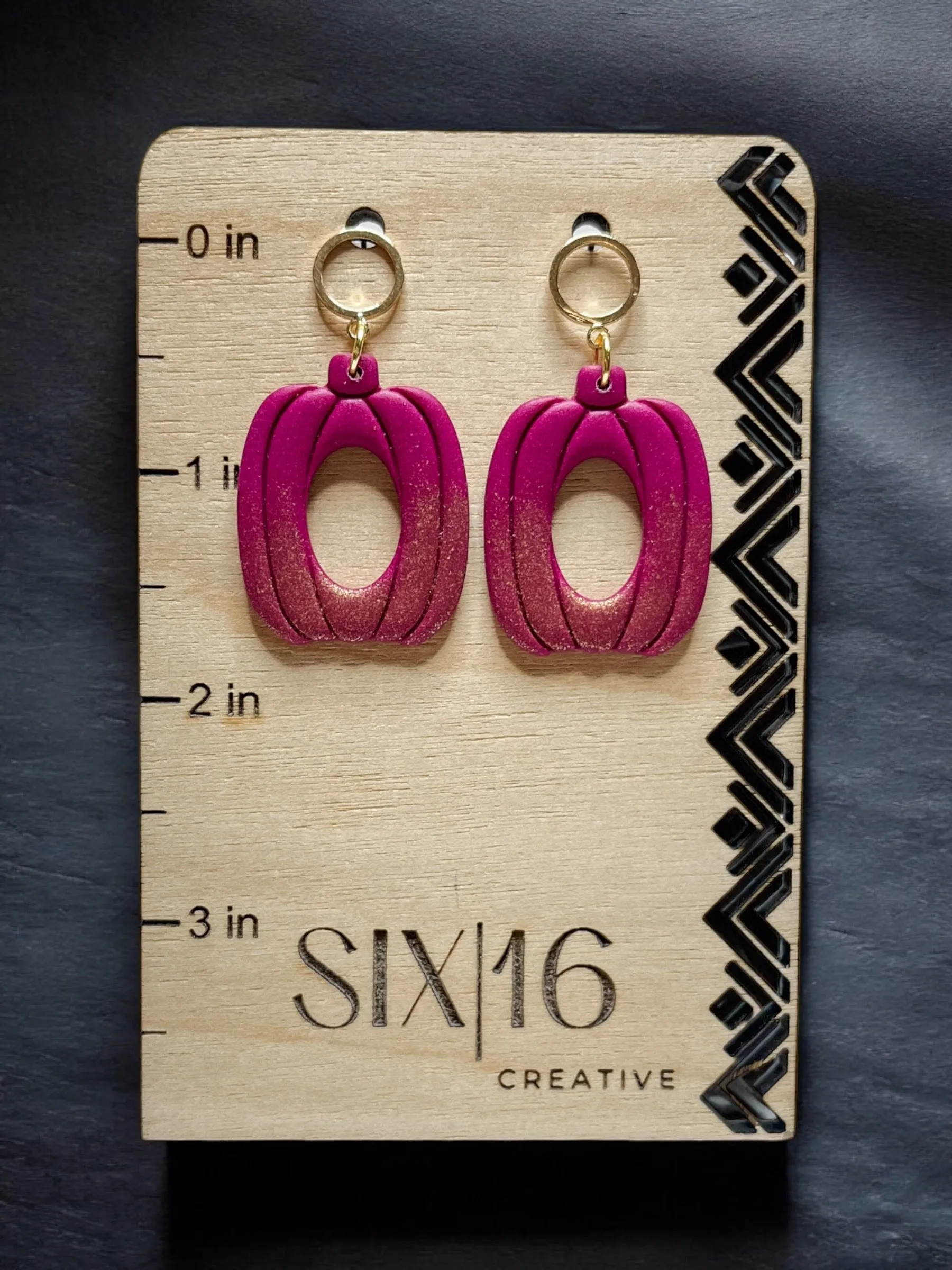 Dark Pink Open Pumpkin Clay Earrings