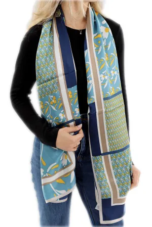 Elegant 100% Silk Floral Print Scarf - Blue - One Size (38x30in)