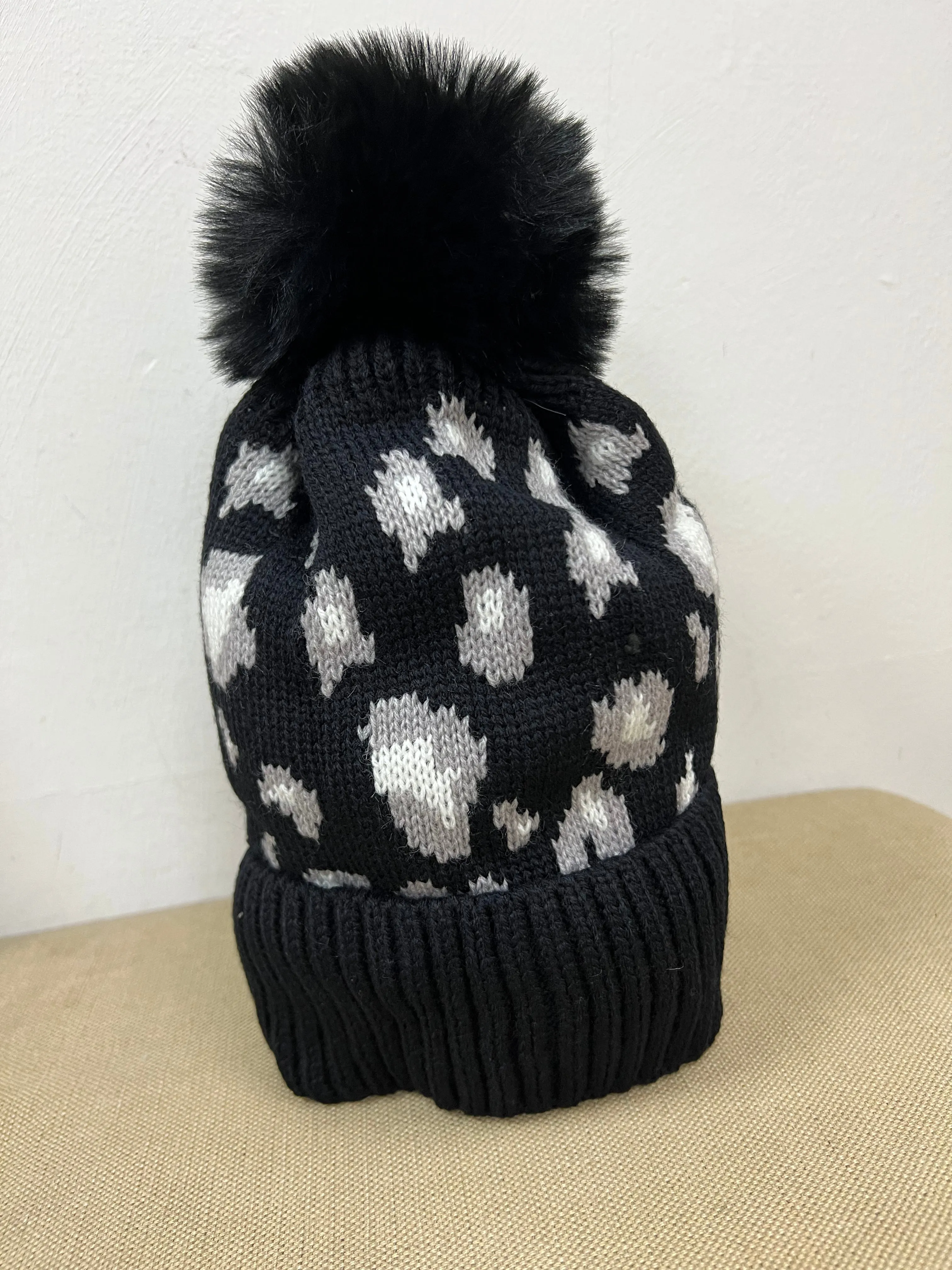 Fleece Lined Hat - Black Leopard