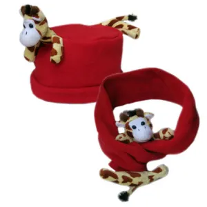 Giraffe on Red Fleece Buddy Hat & Scarf