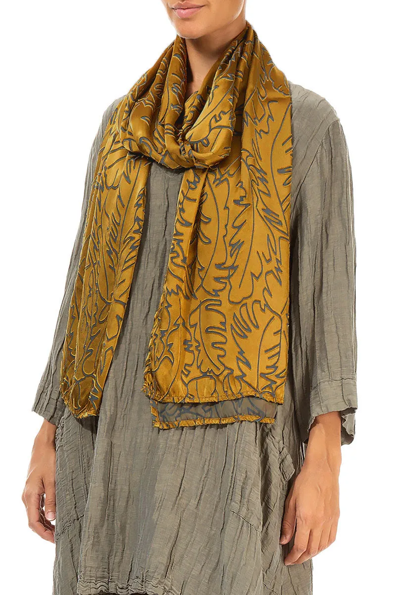 Golden Olive Devoré Feather Silk Scarf