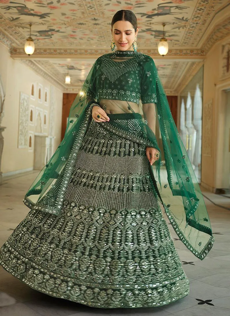 Green Soft Net Base Lehenga With Dori And Mirror Work