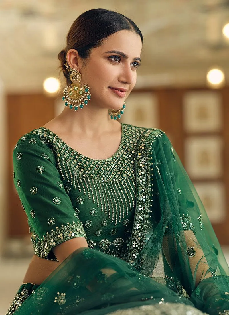 Green Soft Net Base Lehenga With Dori And Mirror Work