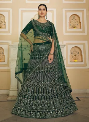 Green Soft Net Base Lehenga With Dori And Mirror Work