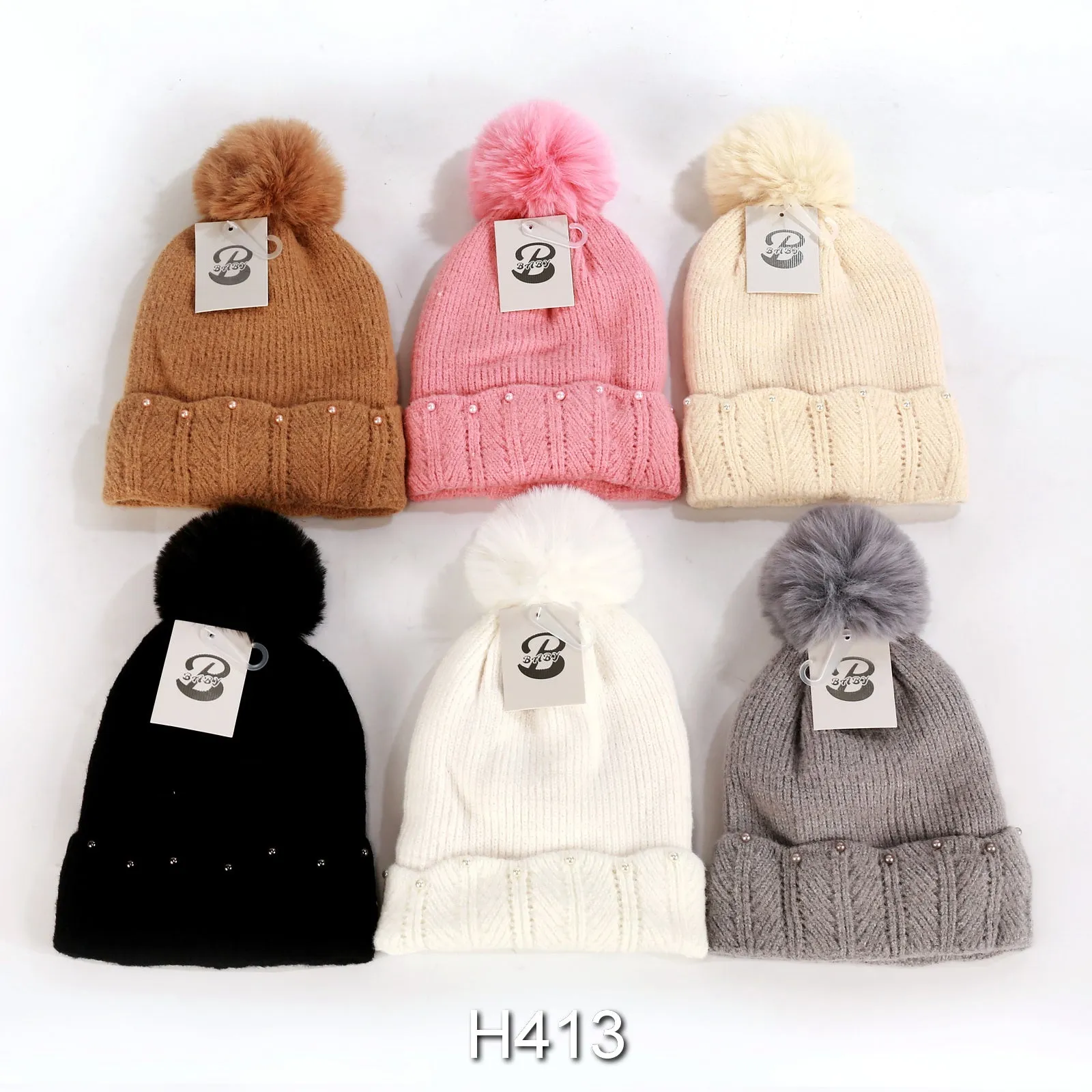 Kids Boys Girls Winter Warm Hats Caps Lining W/Pom, H413