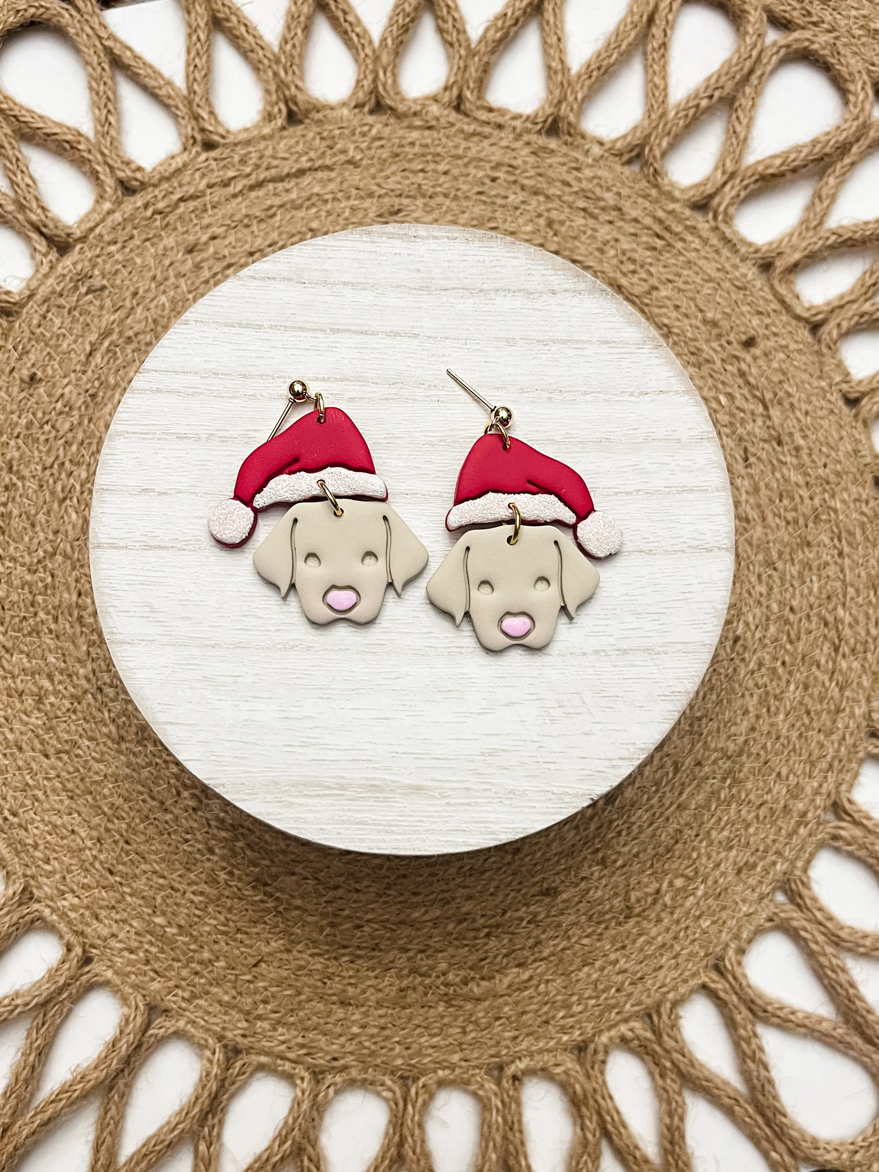 Light Brown Dog Santa Polymer Clay Earrings