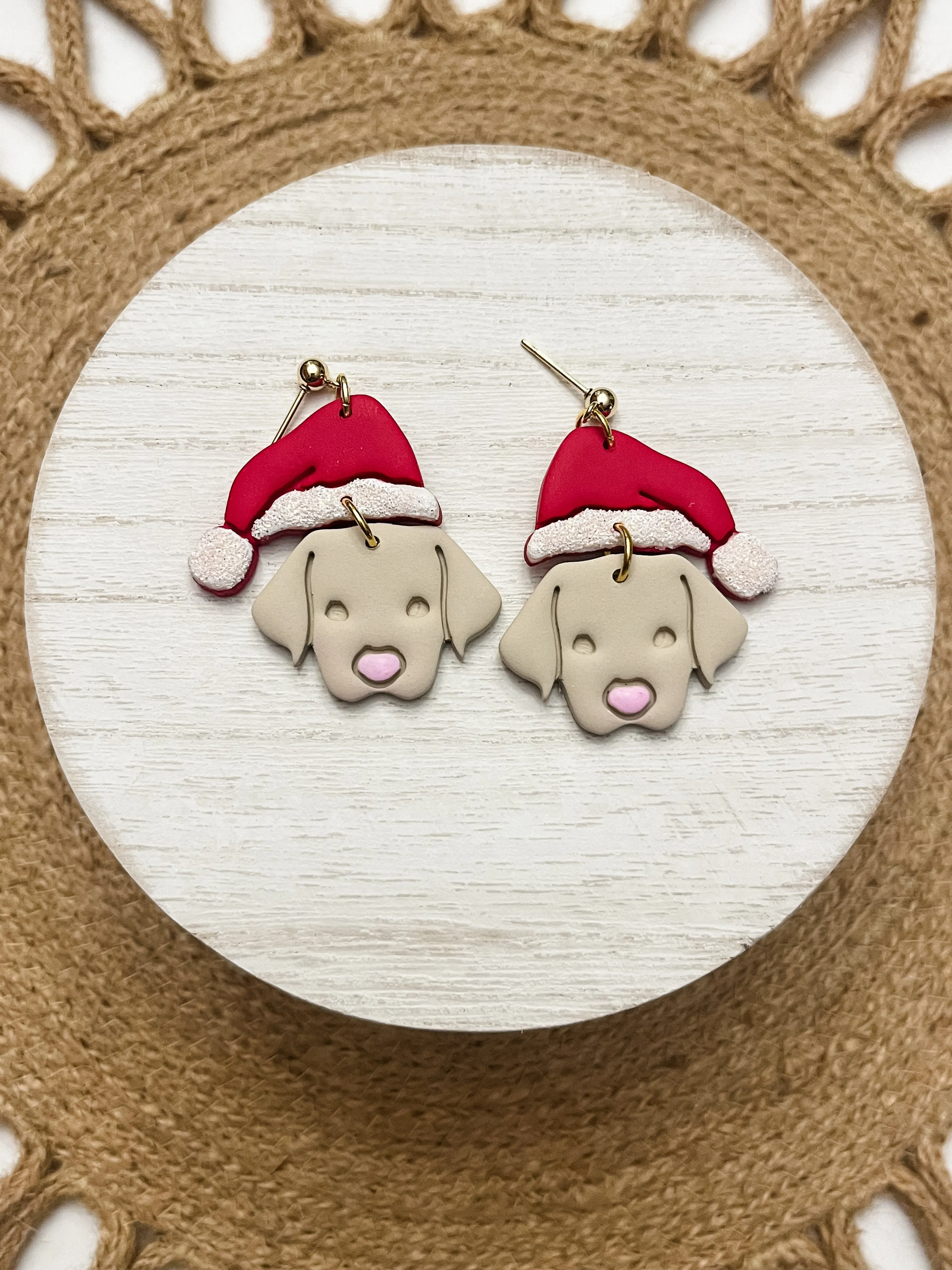 Light Brown Dog Santa Polymer Clay Earrings