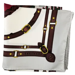 Longchamp Paris Scarf Gray Equestrian Design - Silk Square Foulard