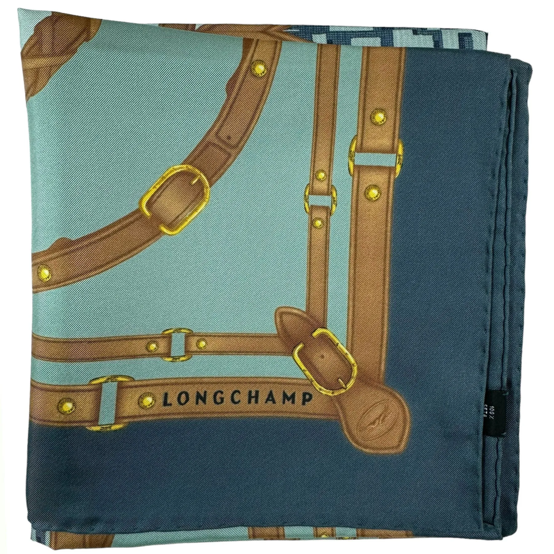 Longchamp Silk Scarf Seafoam Green Brown Gray Equestrian Design - Square Foulard  SALE