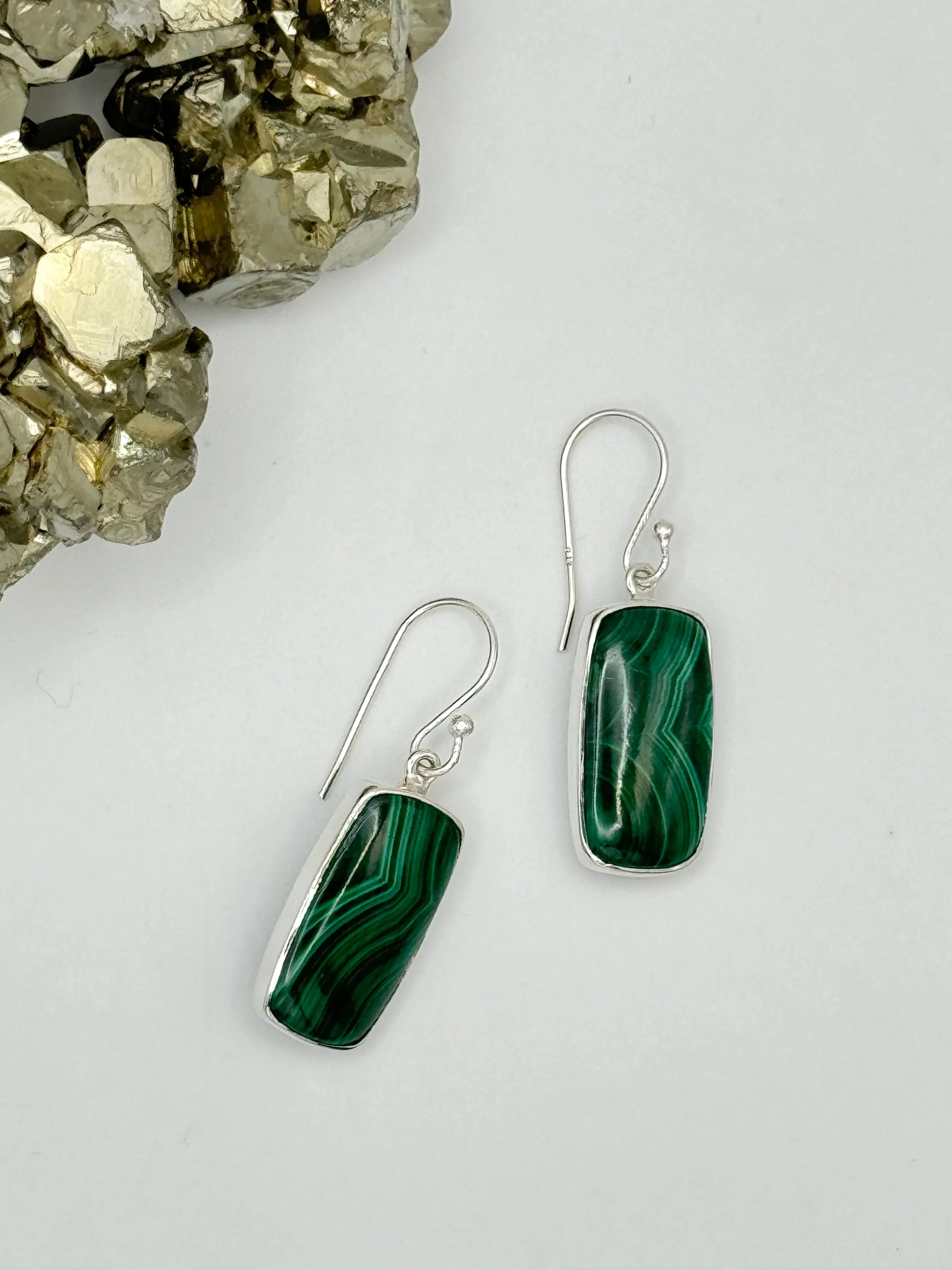 •MALACHITE SOFT RECTANGLE• silver dangle earrings