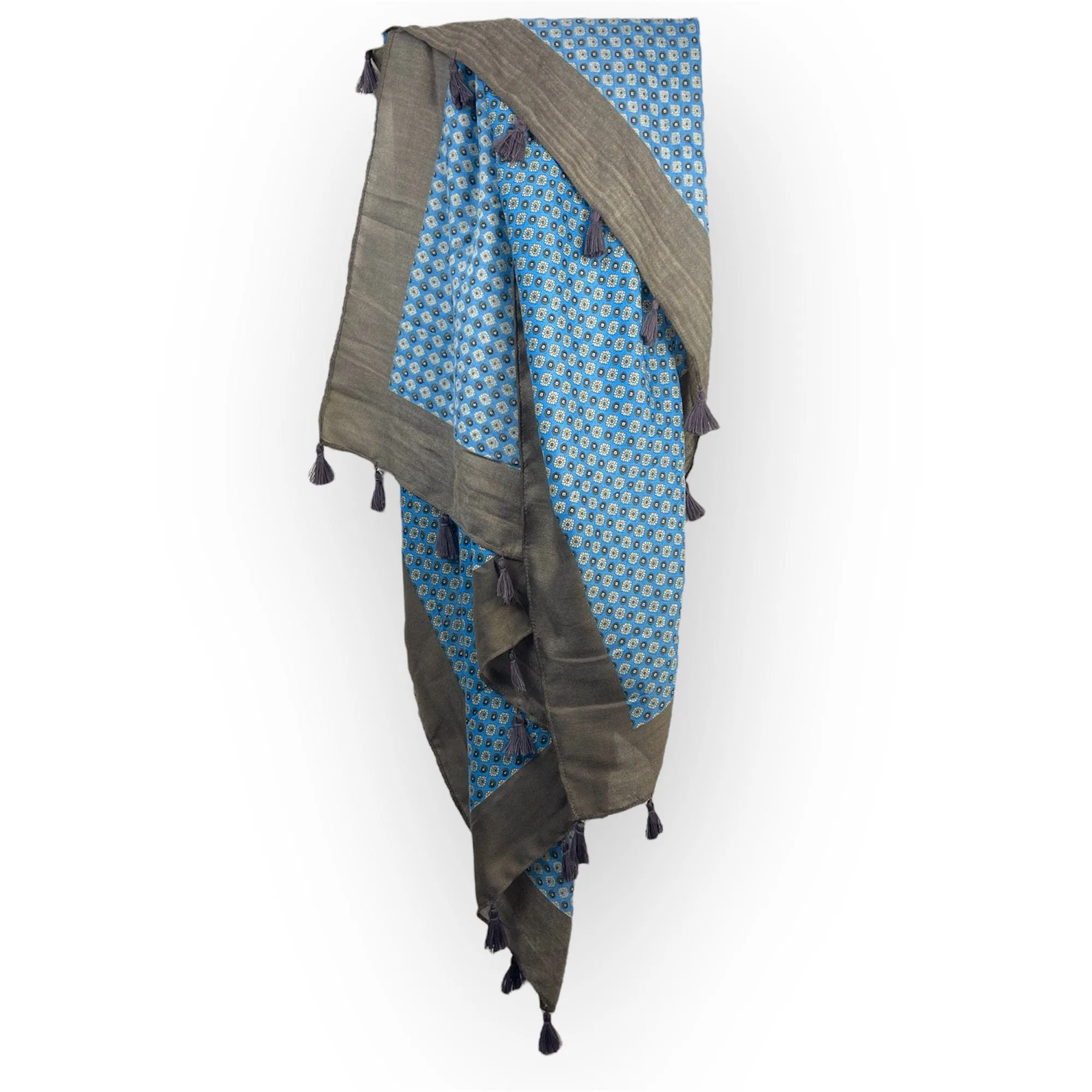 Marine Blue Taupe Scarf - Floral Print with Tassels