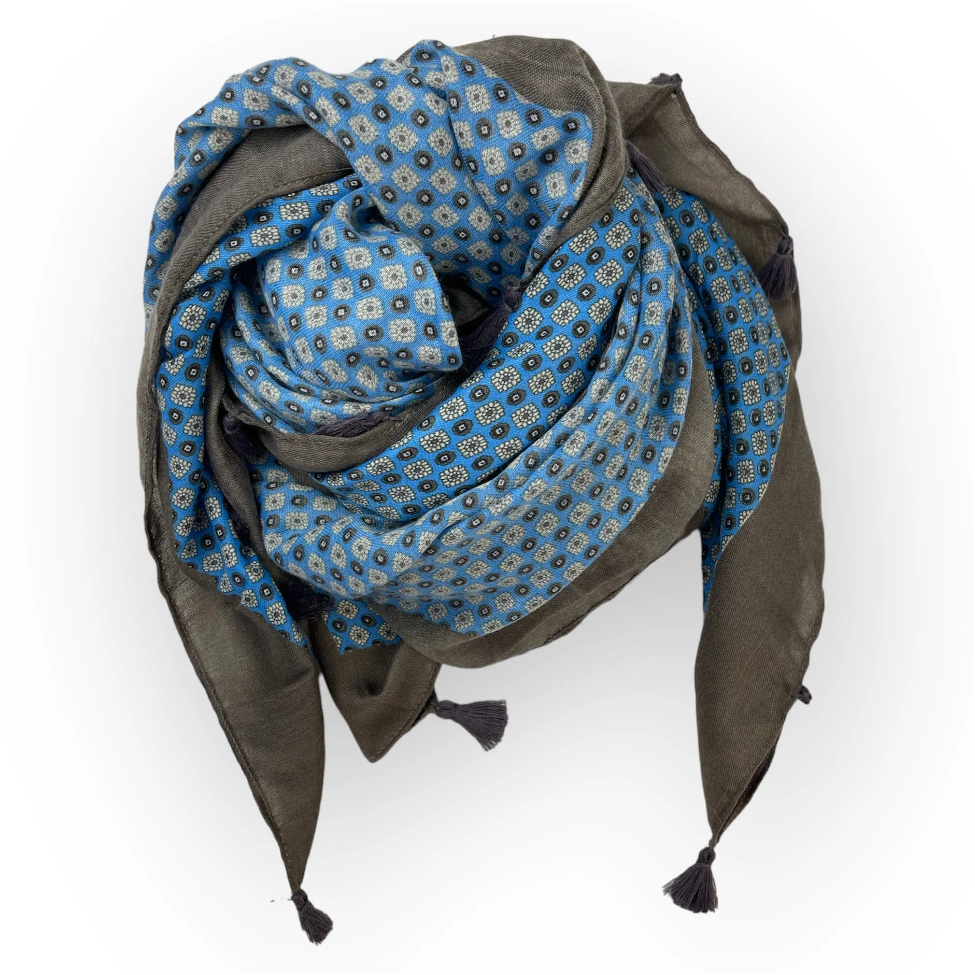 Marine Blue Taupe Scarf - Floral Print with Tassels