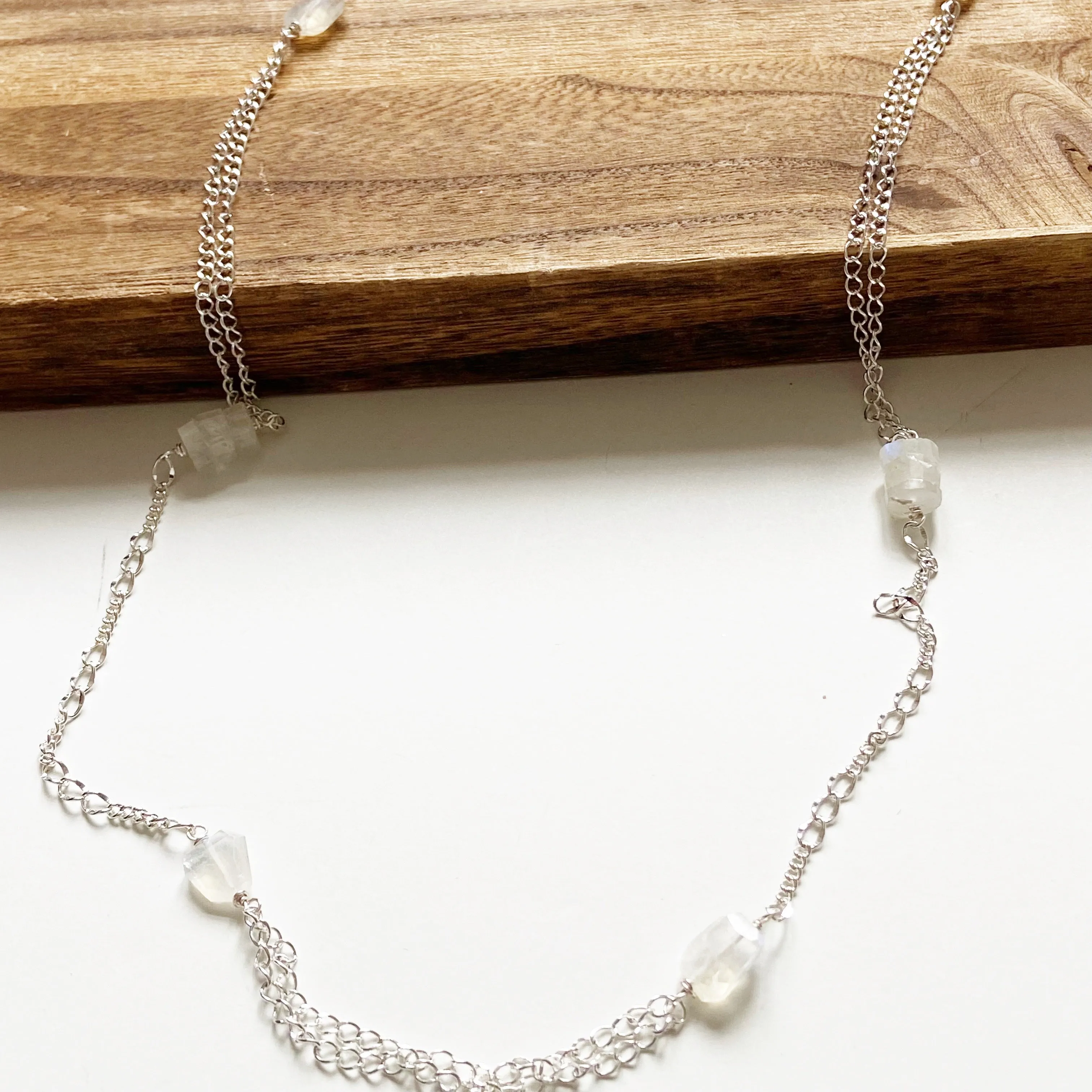 Mixed Chain Moonstone Long Necklace in Gold, Silver, or Rose Gold (31 inches)