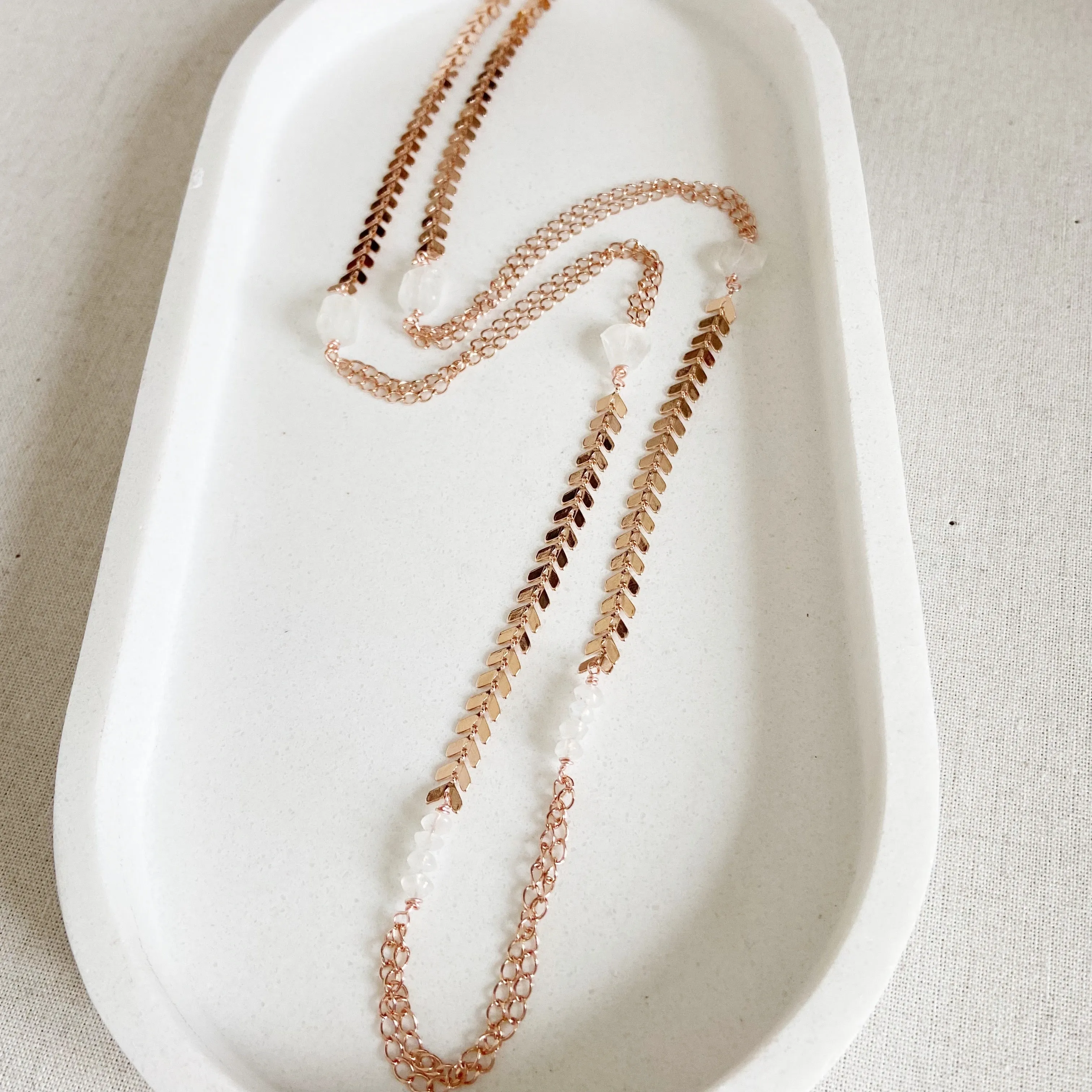 Mixed Chain Moonstone Long Necklace in Gold, Silver, or Rose Gold (31 inches)