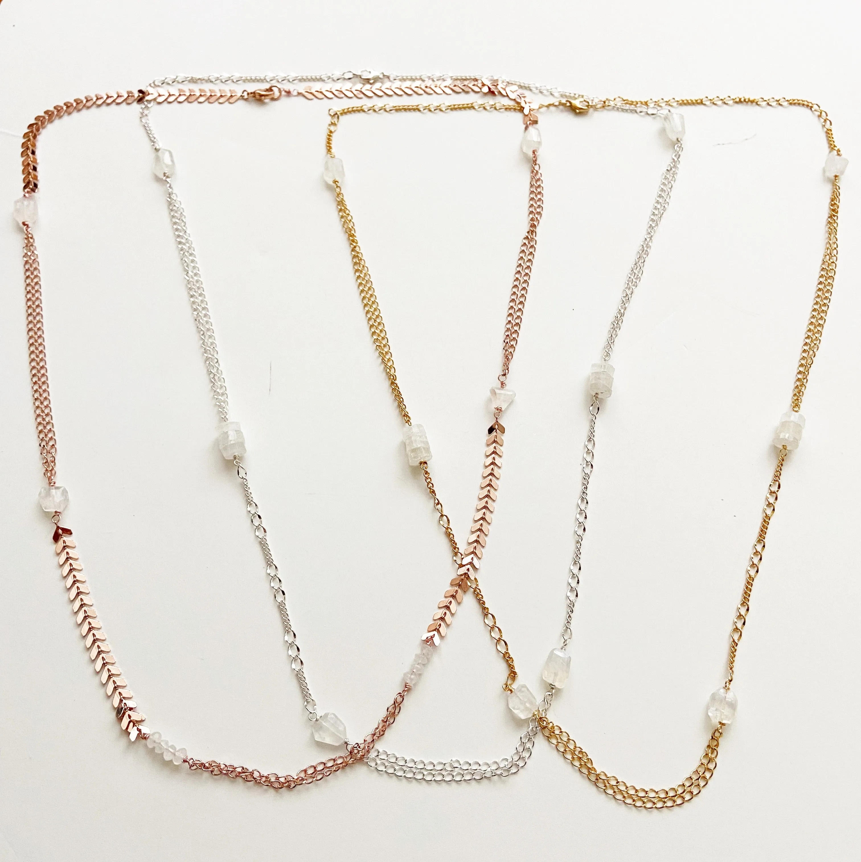 Mixed Chain Moonstone Long Necklace in Gold, Silver, or Rose Gold (31 inches)