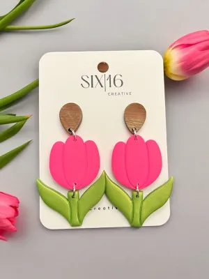 Neon Pink Flower Clay Earrings