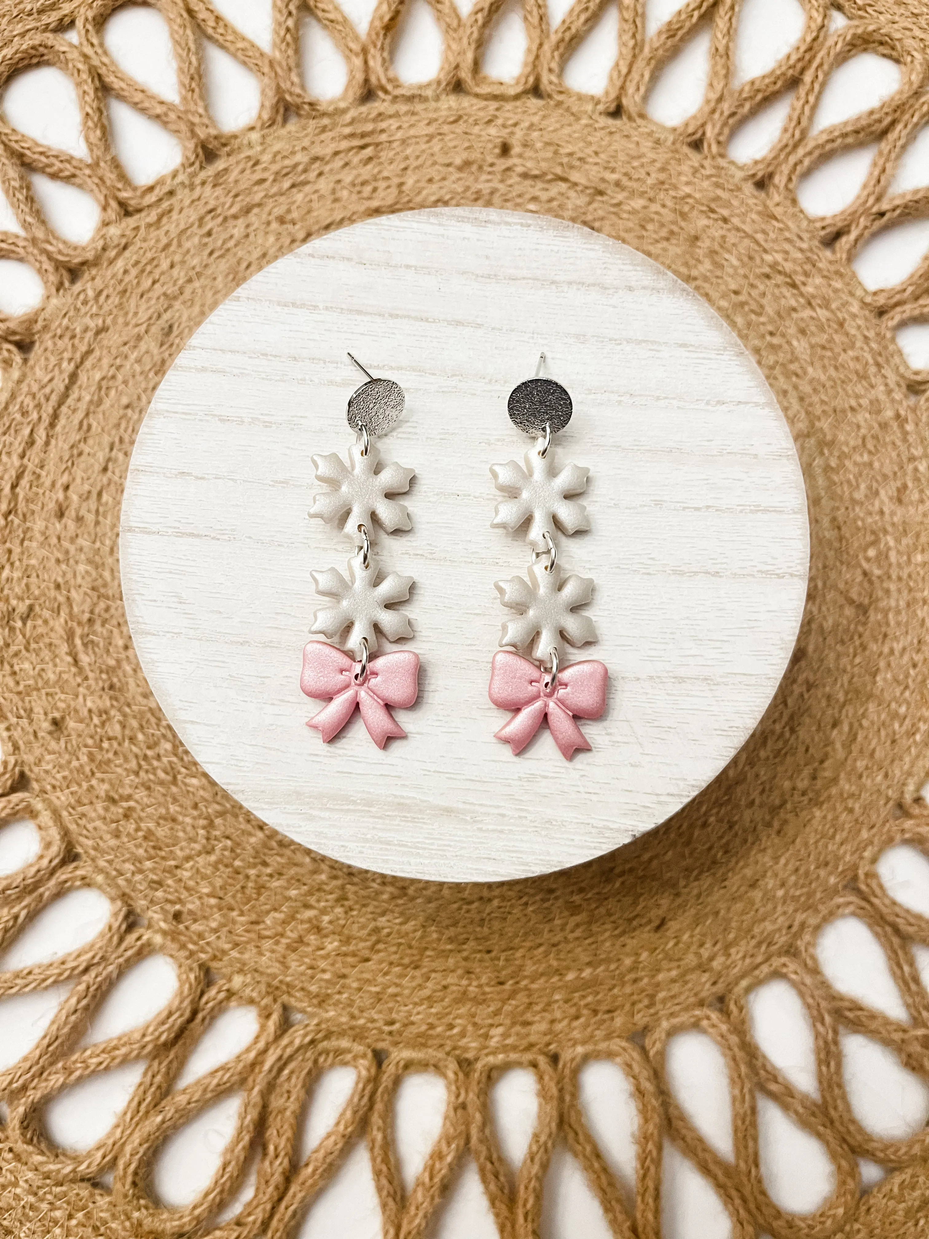 Pink Bow and Snowflake Polymer Clay Earrings