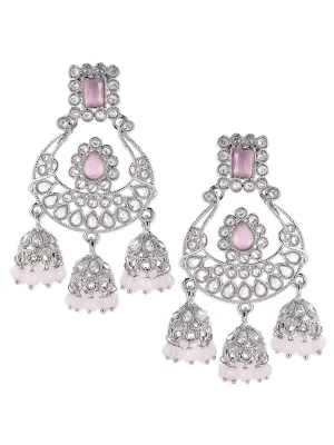 Rubans AD Studded Silver Plated Pastel Multi Jhumka Earrings