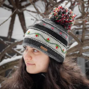 Striped Embroidered Hat w. Pompom