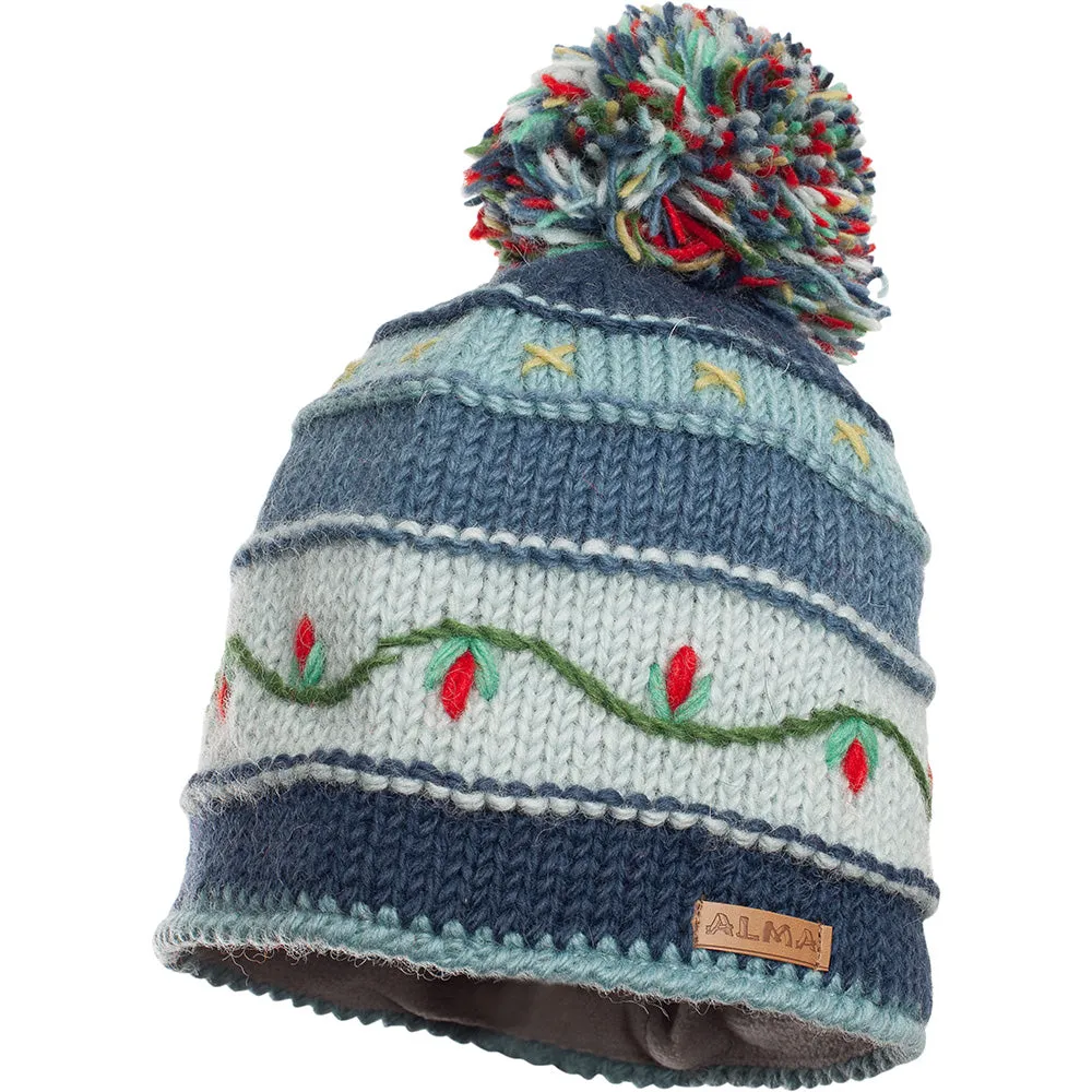 Striped Embroidered Hat w. Pompom