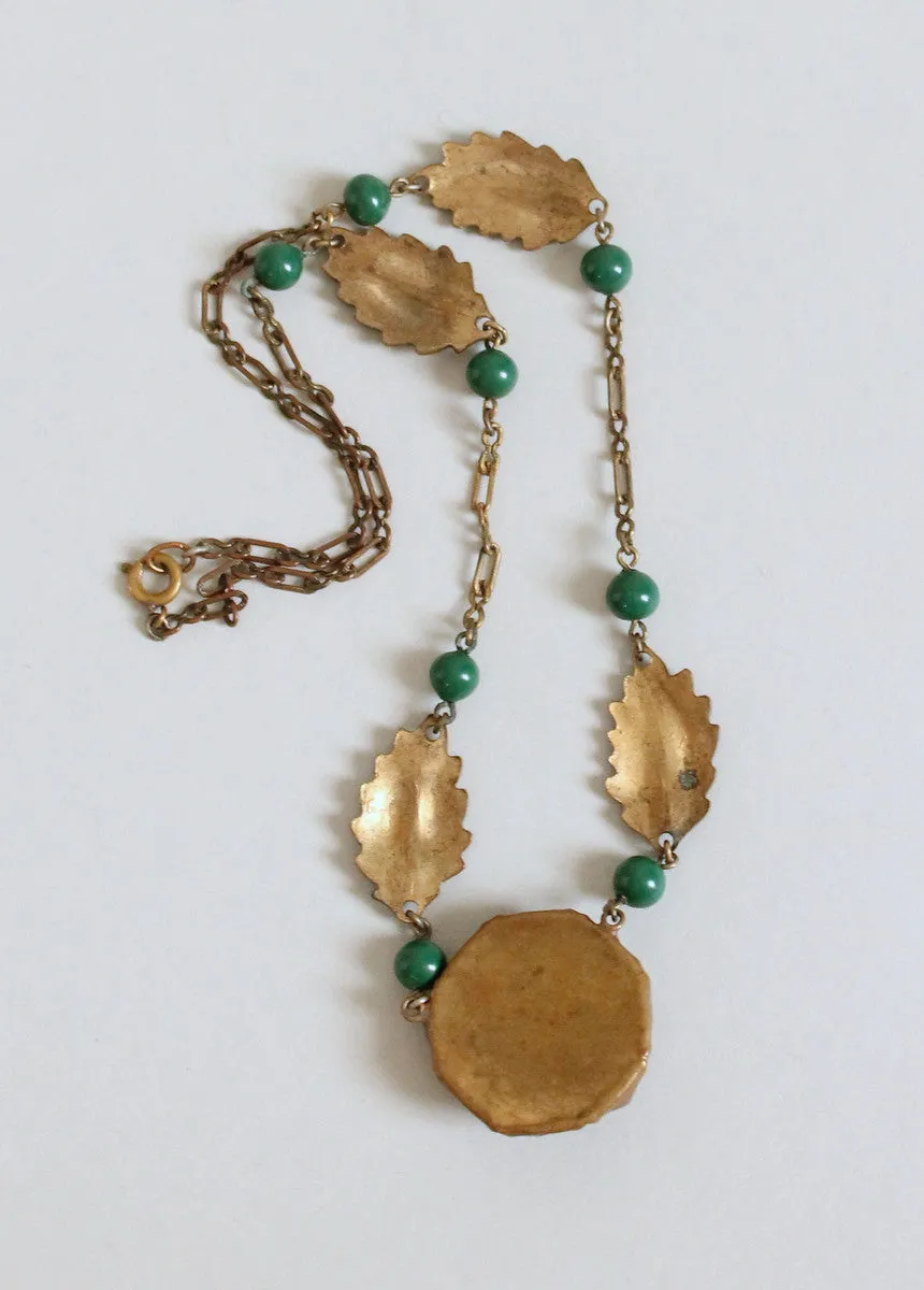 Vintage 1930s Brass and Green Glass Necklace