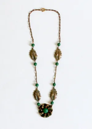 Vintage 1930s Brass and Green Glass Necklace