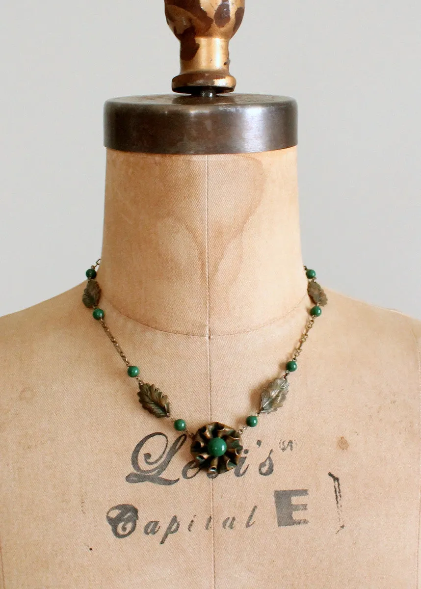 Vintage 1930s Brass and Green Glass Necklace