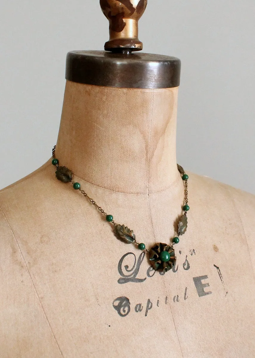 Vintage 1930s Brass and Green Glass Necklace