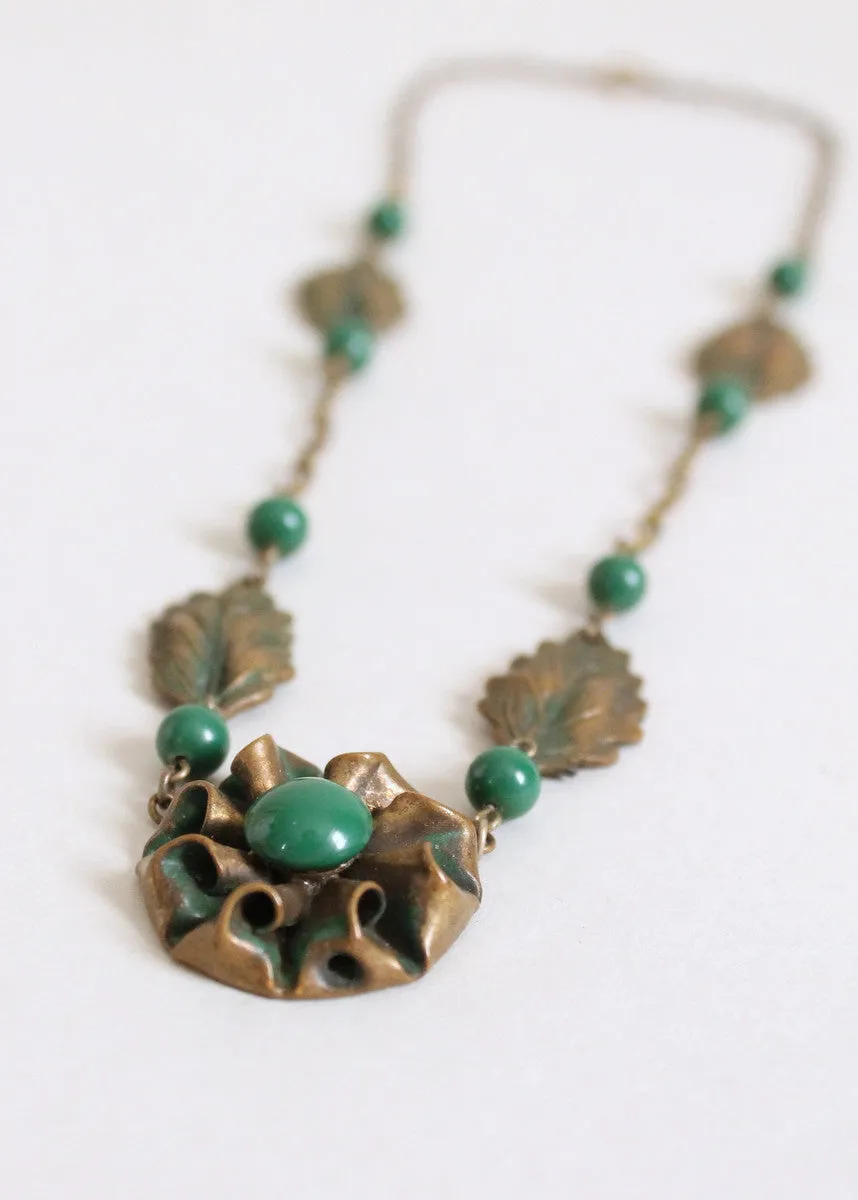 Vintage 1930s Brass and Green Glass Necklace