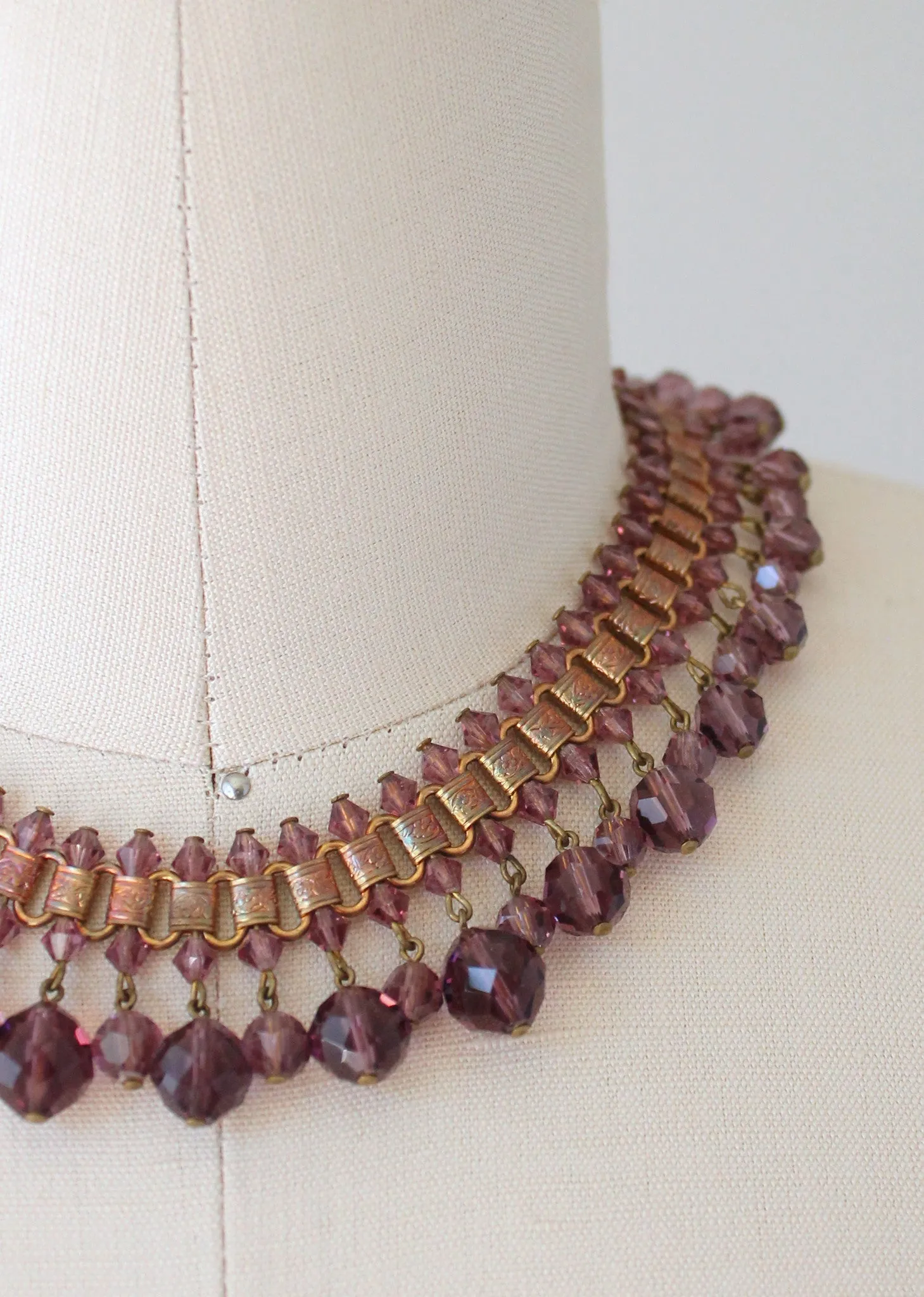 Vintage 1930s Purple Glass and Brass Statement Necklace