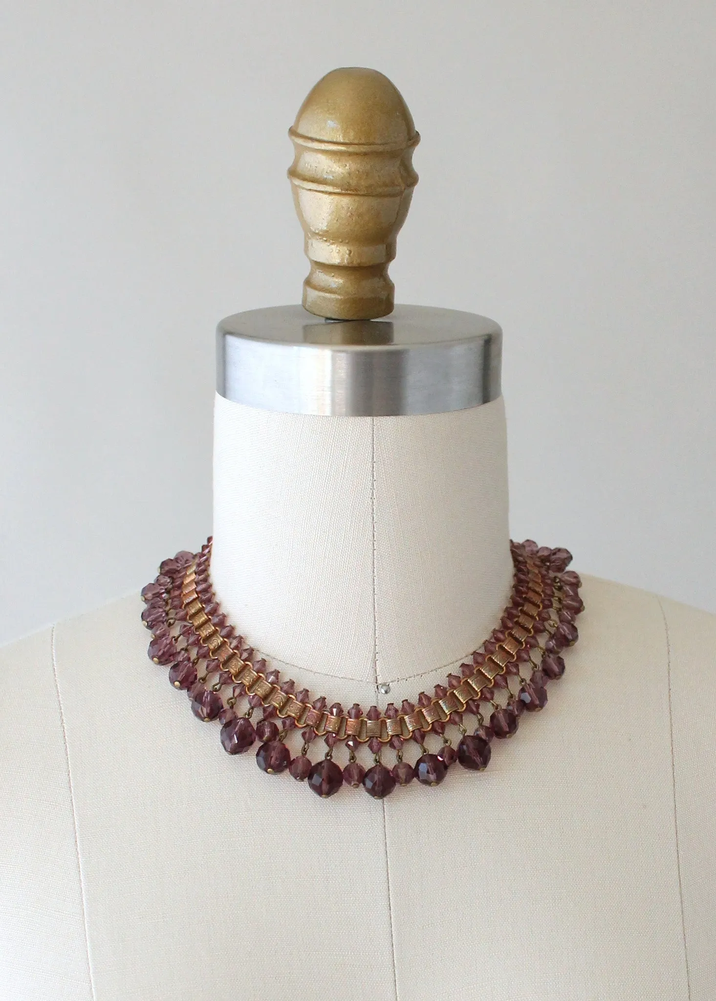 Vintage 1930s Purple Glass and Brass Statement Necklace