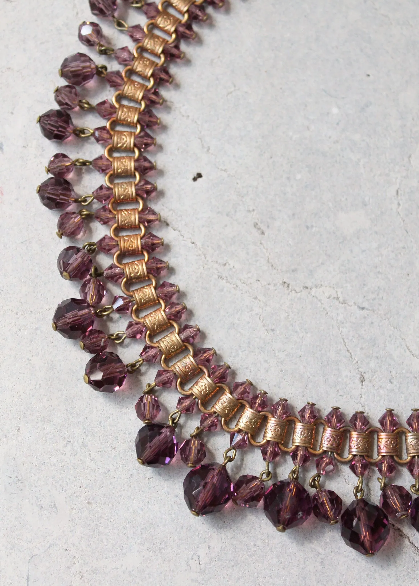 Vintage 1930s Purple Glass and Brass Statement Necklace