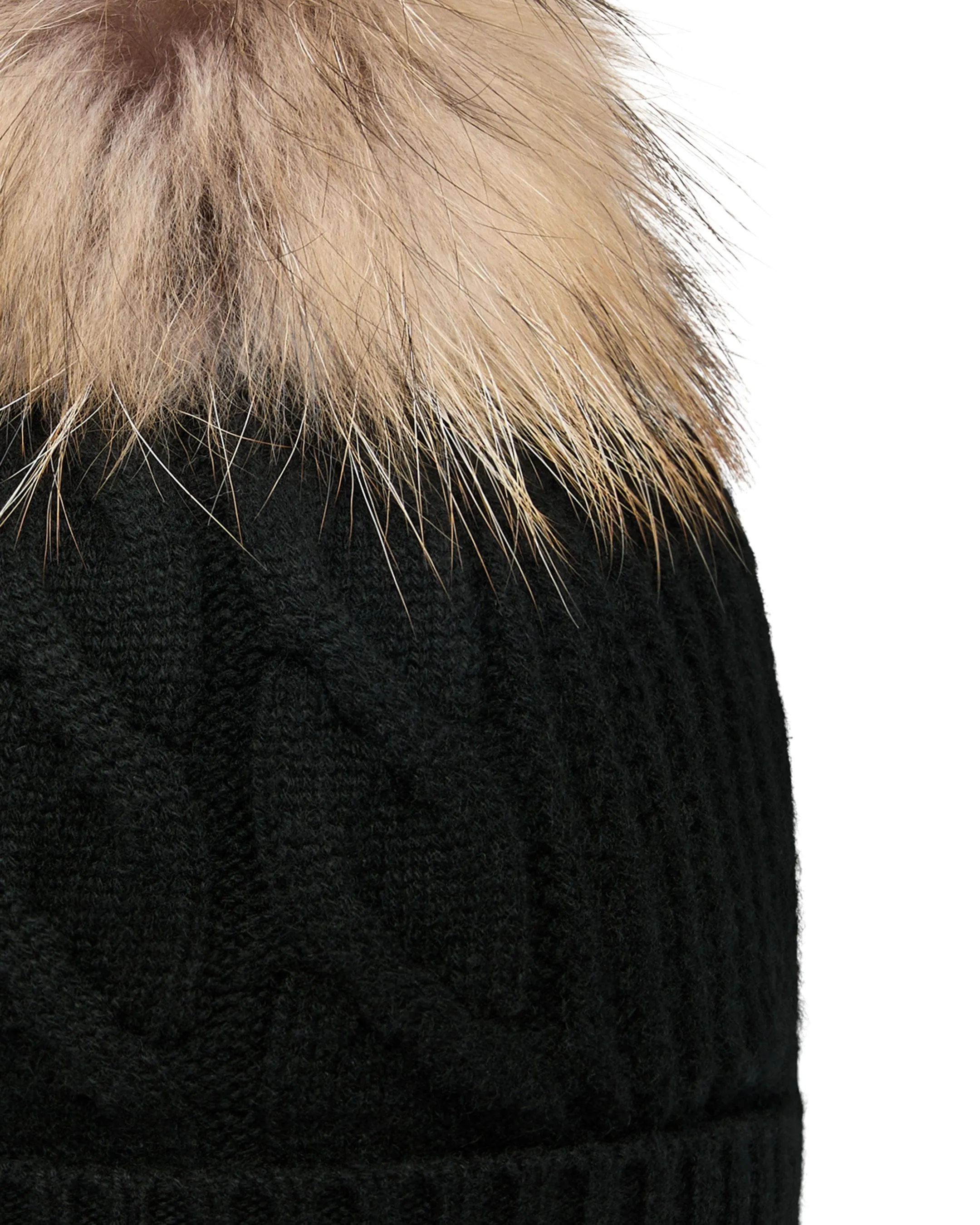 Women's Cable Cashmere Hat With Fur Pom Black