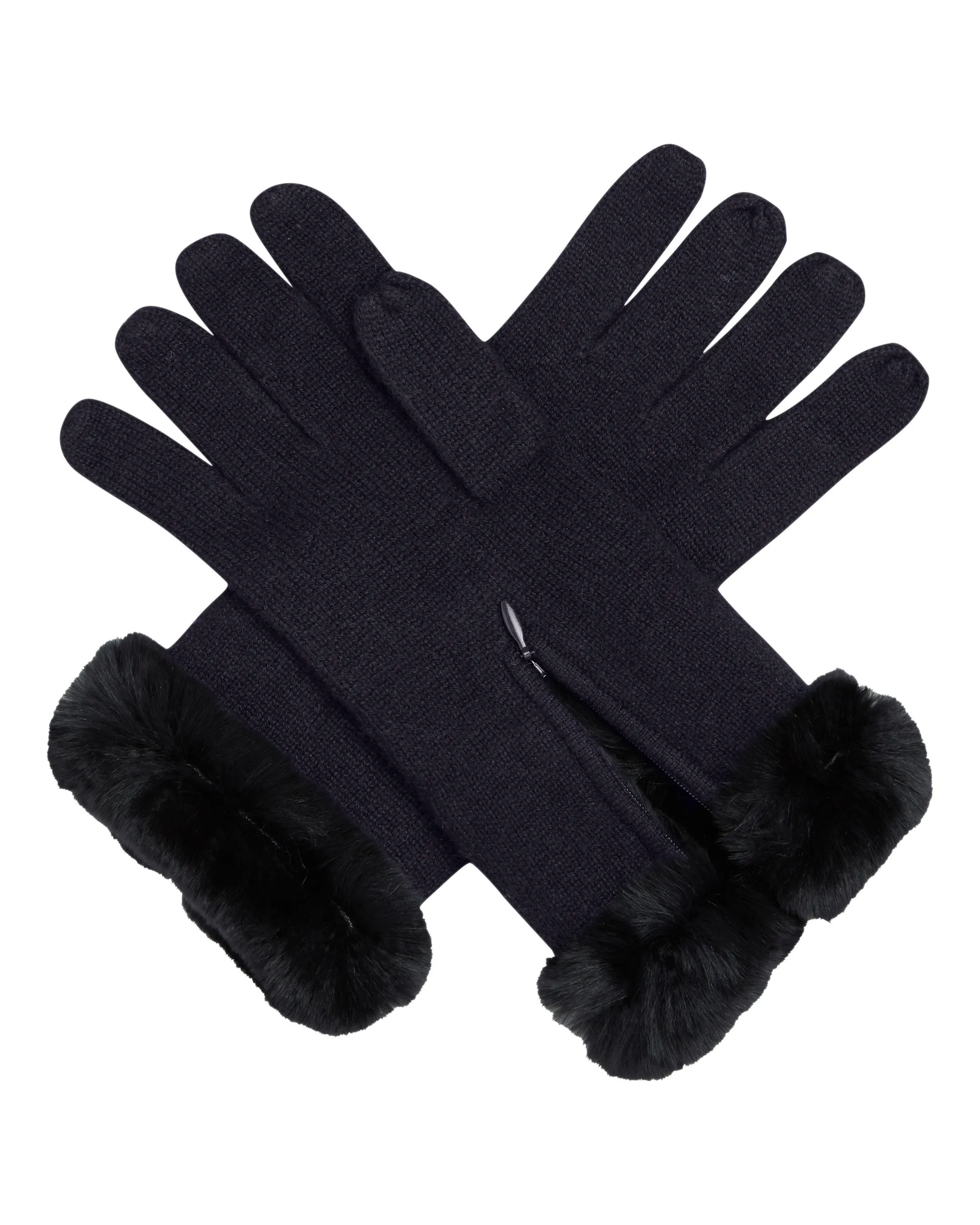 Women's Fur Trim Cashmere Gloves Navy Blue